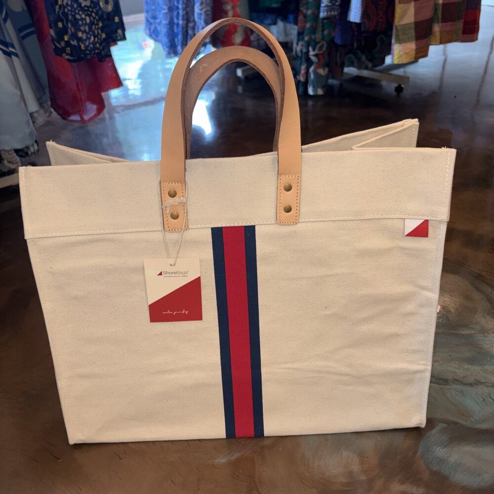 ShoreBags Canvas Boat Tote Bag Red Navy and Natural Large NWT